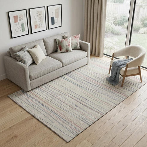 5' X 8' Beige Pink And Purple Striped Washable Area Rug With UV Protection