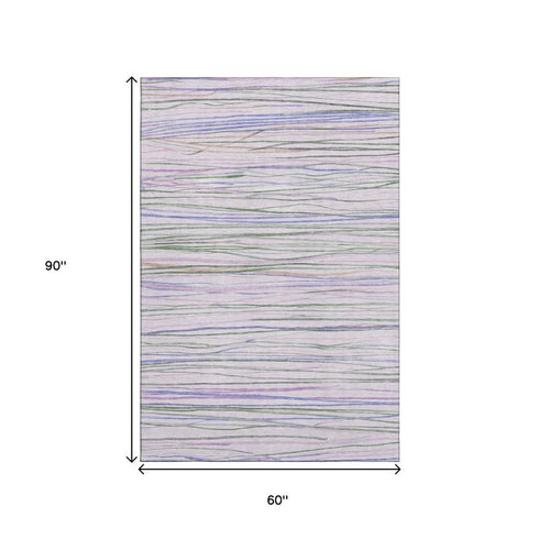 5' X 8' Lavender Ivory And Green Striped Washable Area Rug With UV Protection