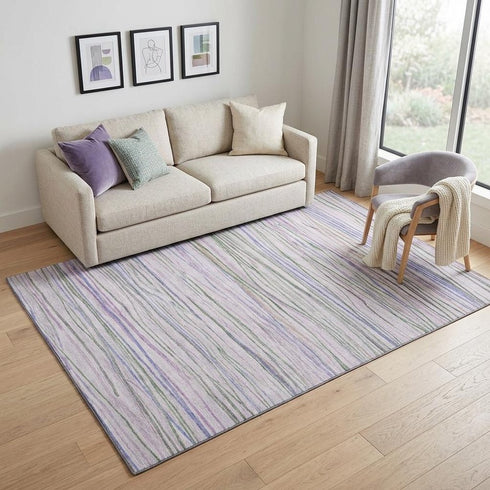 5' X 8' Lavender Ivory And Green Striped Washable Area Rug With UV Protection