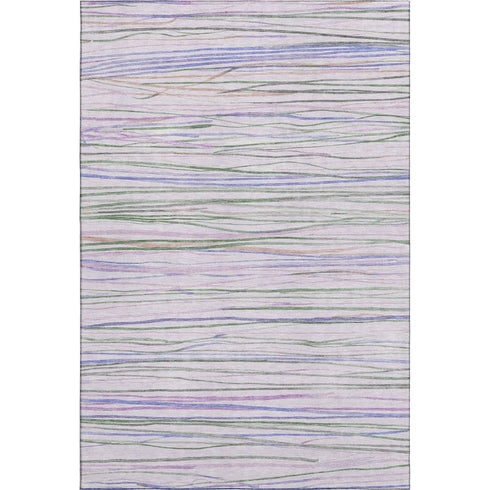 5' X 8' Lavender Ivory And Green Striped Washable Area Rug With UV Protection
