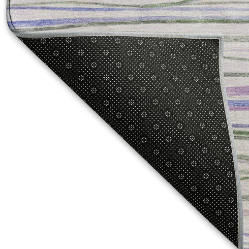 5' X 8' Lavender Ivory And Green Striped Washable Area Rug With UV Protection