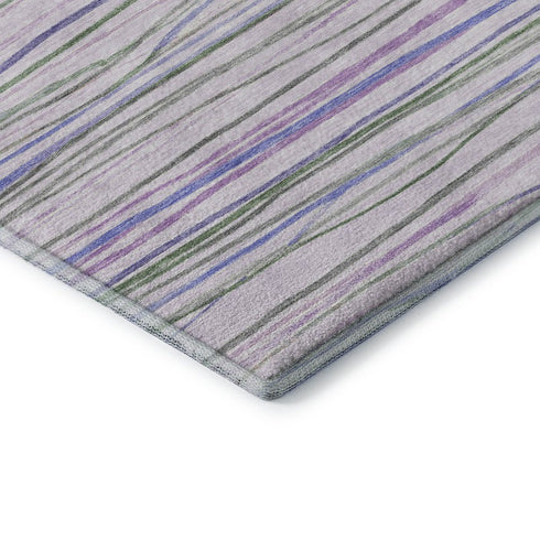 5' X 8' Lavender Ivory And Green Striped Washable Area Rug With UV Protection