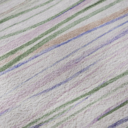 5' X 8' Lavender Ivory And Green Striped Washable Area Rug With UV Protection
