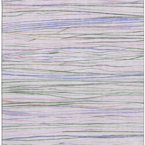 5' X 8' Lavender Ivory And Green Striped Washable Area Rug With UV Protection
