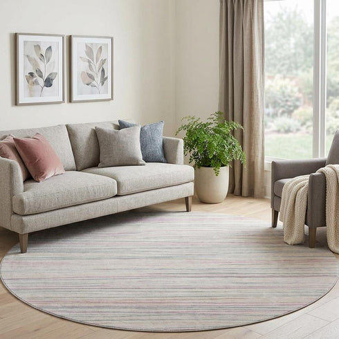 8' X 8' Pink Mint Green And Ivory Striped Washable Round Rug With UV Protection
