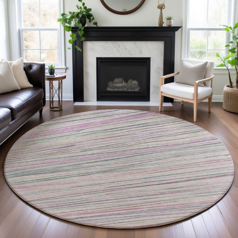8' X 8' Pink Mint Green And Ivory Striped Washable Round Rug With UV Protection