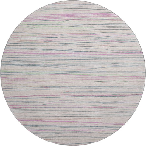 8' X 8' Pink Mint Green And Ivory Striped Washable Round Rug With UV Protection