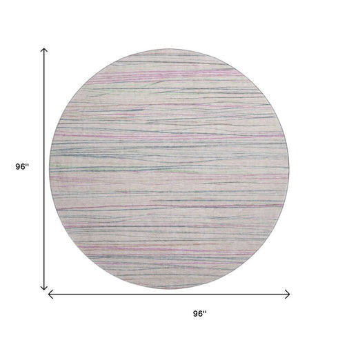 8' X 8' Pink Mint Green And Ivory Striped Washable Round Rug With UV Protection