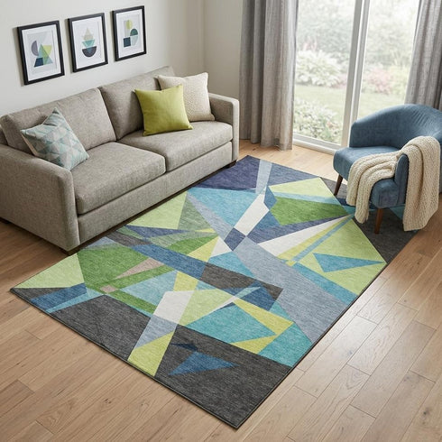 5' X 8' Blue Green And Gray Geometric Washable Area Rug With UV Protection