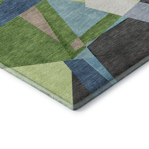5' X 8' Blue Green And Gray Geometric Washable Area Rug With UV Protection
