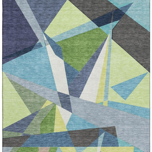 5' X 8' Blue Green And Gray Geometric Washable Area Rug With UV Protection
