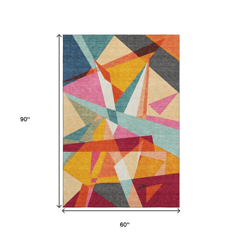 5' X 8' Orange Red Blue And Gold Geometric Washable Area Rug With UV Protection