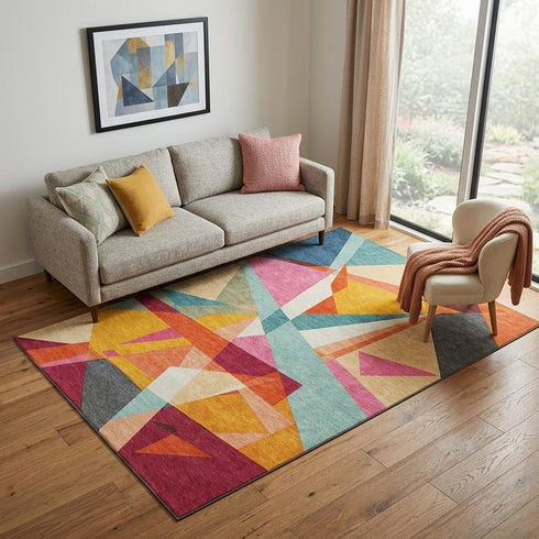 5' X 8' Orange Red Blue And Gold Geometric Washable Area Rug With UV Protection