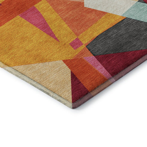 5' X 8' Orange Red Blue And Gold Geometric Washable Area Rug With UV Protection
