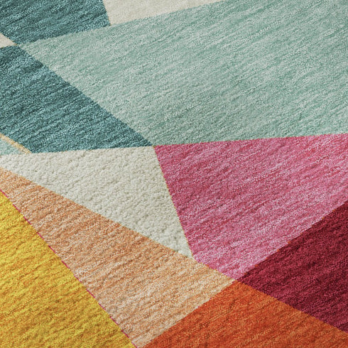 5' X 8' Orange Red Blue And Gold Geometric Washable Area Rug With UV Protection