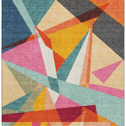 5' X 8' Orange Red Blue And Gold Geometric Washable Area Rug With UV Protection
