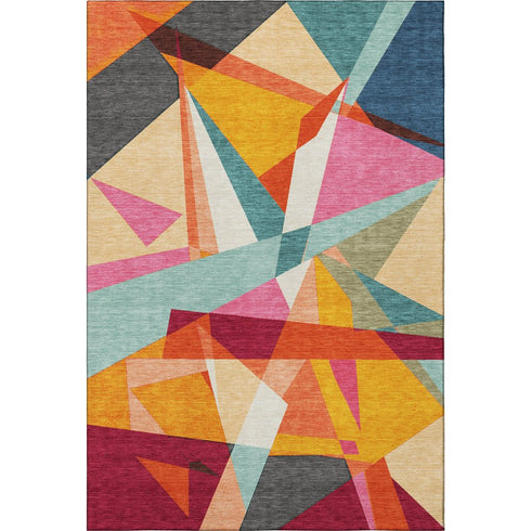 5' X 8' Orange Red Blue And Gold Geometric Washable Area Rug With UV Protection