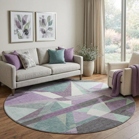 8' X 8' Purple Ivory And Teal Geometric Washable Round Rug With UV Protection