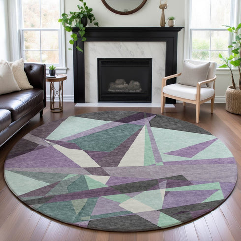 8' X 8' Purple Ivory And Teal Geometric Washable Round Rug With UV Protection