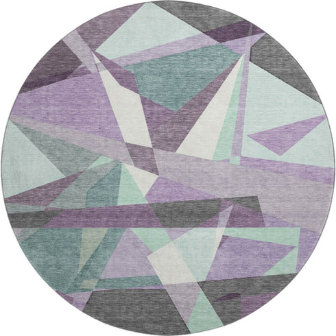 8' X 8' Purple Ivory And Teal Geometric Washable Round Rug With UV Protection