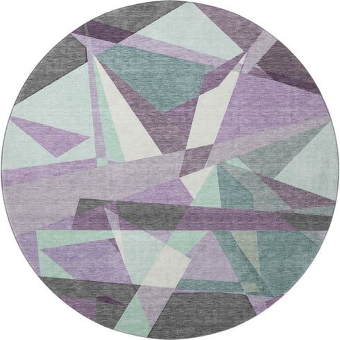 8' X 8' Purple Ivory And Teal Geometric Washable Round Rug With UV Protection