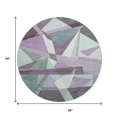 8' X 8' Purple Ivory And Teal Geometric Washable Round Rug With UV Protection