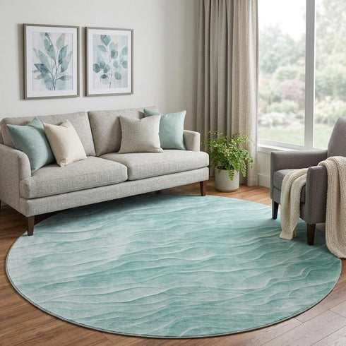 8' X 8' Aqua And Ivory Abstract Washable Round Rug With UV Protection