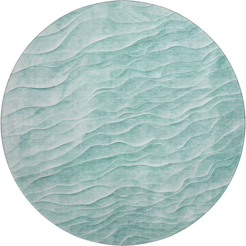 8' X 8' Aqua And Ivory Abstract Washable Round Rug With UV Protection