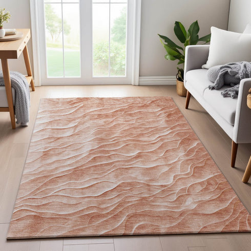 8' Coral And Ivory Abstract Washable Area Rug With UV Protection