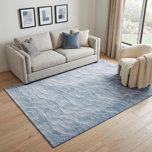 5' X 8' Denim Blue And Ivory Abstract Washable Area Rug With UV Protection