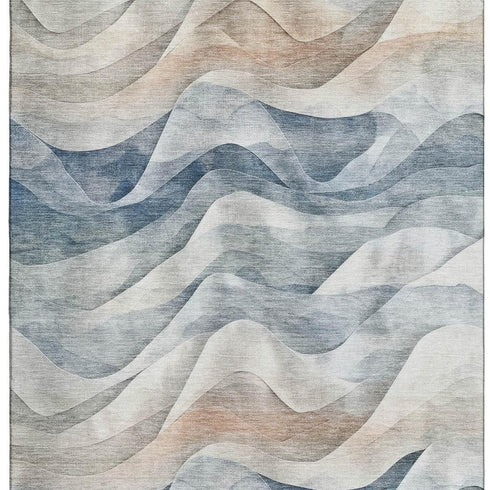 5' X 8' Blue Beige And Ivory Abstract Washable Area Rug With UV Protection