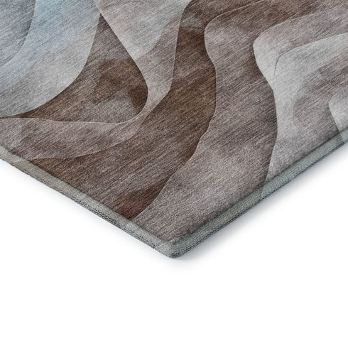 5' X 8' Coffee Blue And Ivory Abstract Washable Area Rug With UV Protection