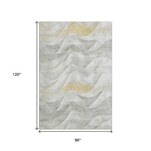 8' Silver Gold And Ivory Abstract Washable Area Rug With UV Protection