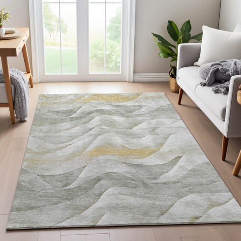 8' Silver Gold And Ivory Abstract Washable Area Rug With UV Protection