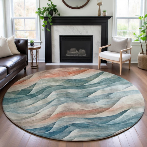 8' X 8' Teal Peach And Ivory Abstract Washable Round Rug With UV Protection