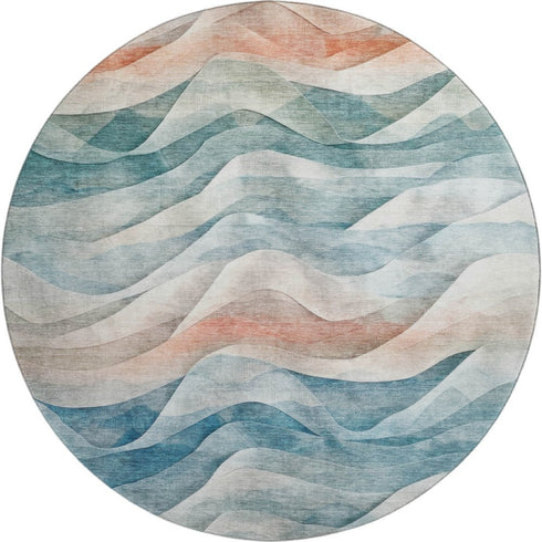 8' X 8' Teal Peach And Ivory Abstract Washable Round Rug With UV Protection