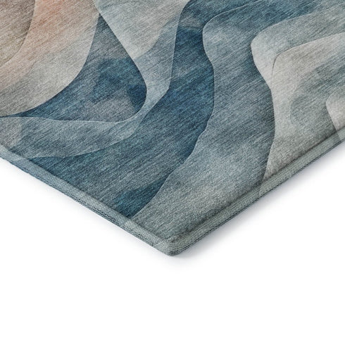 8' X 8' Teal Peach And Ivory Abstract Washable Round Rug With UV Protection