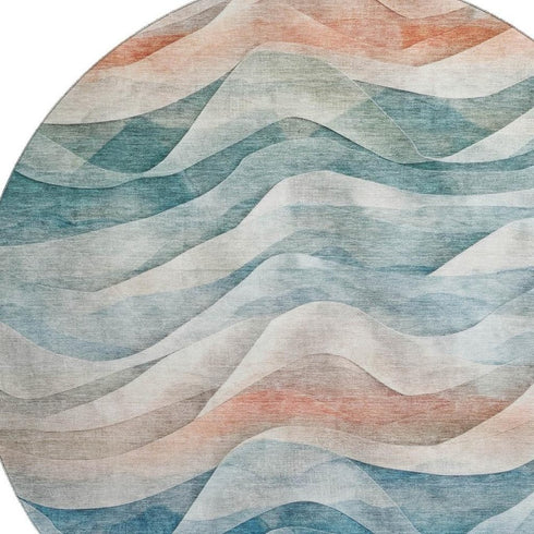 8' X 8' Teal Peach And Ivory Abstract Washable Round Rug With UV Protection