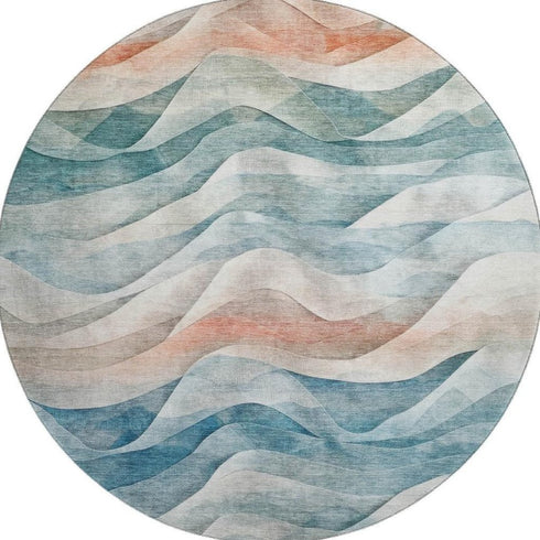 8' X 8' Teal Peach And Ivory Abstract Washable Round Rug With UV Protection
