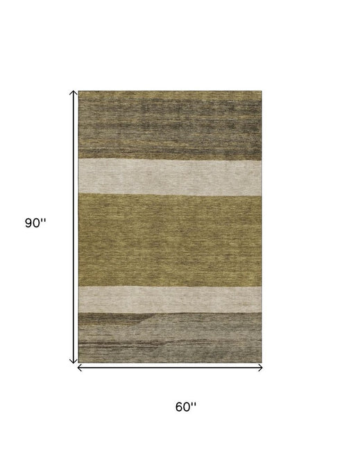 5' X 8' Coffee Ivory And Gray Striped Washable Area Rug With UV Protection