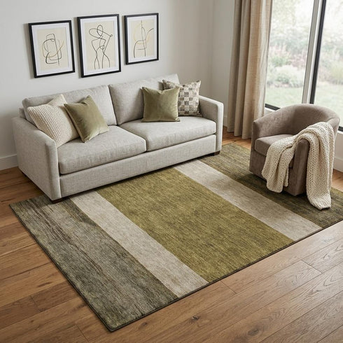 5' X 8' Coffee Ivory And Gray Striped Washable Area Rug With UV Protection
