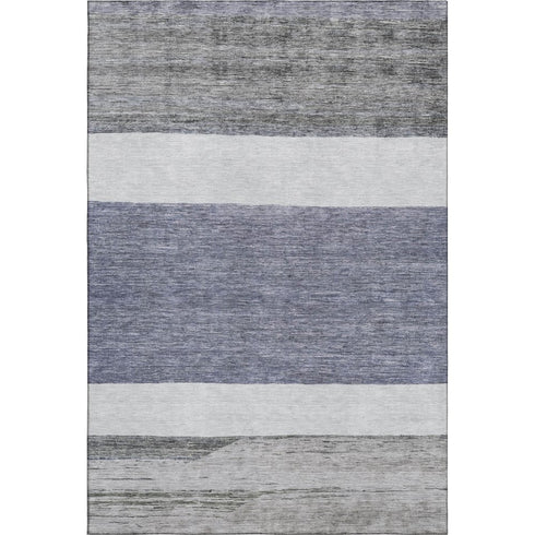 5' X 8' Denim Blue Ivory And Gray Striped Washable Area Rug With UV Protection