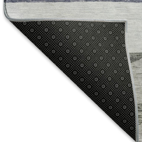 5' X 8' Denim Blue Ivory And Gray Striped Washable Area Rug With UV Protection