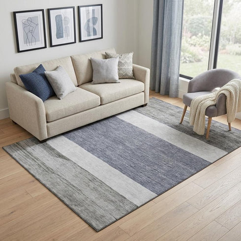 5' X 8' Denim Blue Ivory And Gray Striped Washable Area Rug With UV Protection
