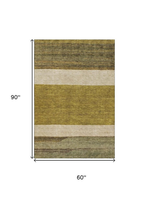 5' X 8' Gold Ivory And Gray Striped Washable Area Rug With UV Protection