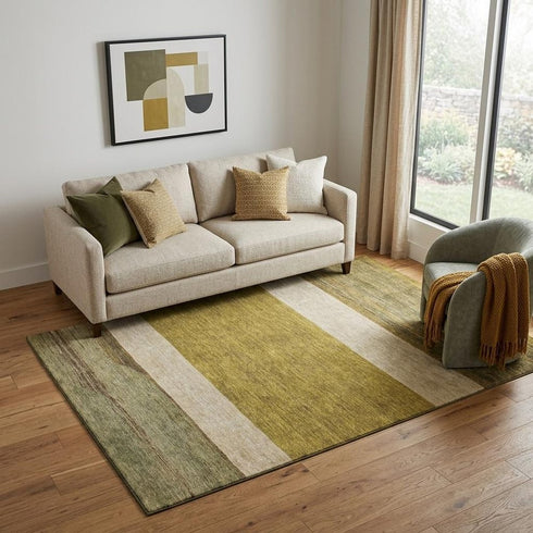 5' X 8' Gold Ivory And Gray Striped Washable Area Rug With UV Protection