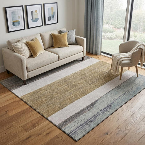 5' X 8' Coffee Ivory And Taupe Striped Washable Area Rug With UV Protection