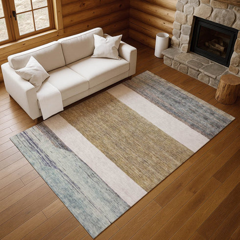 8' X 10' Coffee Ivory And Taupe Striped Washable Area Rug With UV Protection