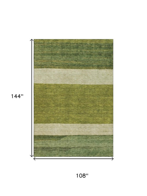 9' X 12' Olive Green And Ivory Striped Washable Area Rug With UV Protection