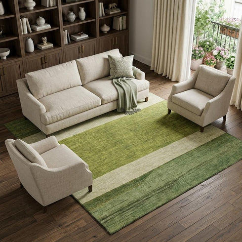 9' X 12' Olive Green And Ivory Striped Washable Area Rug With UV Protection